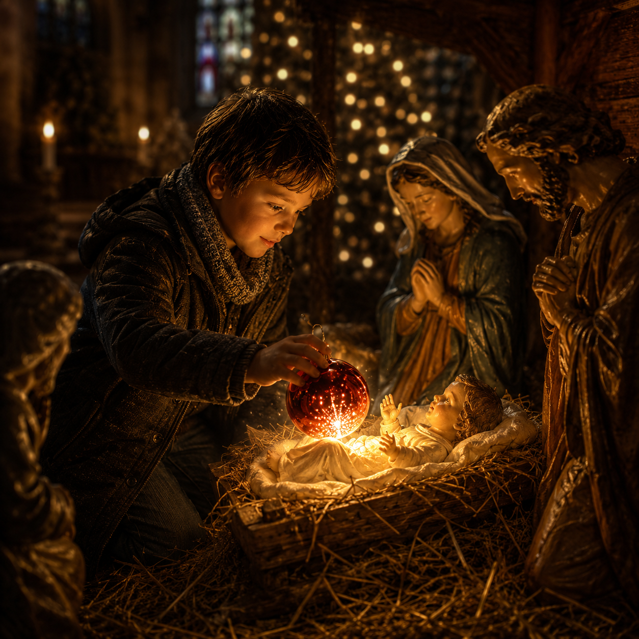 Theo legt eine rote Weihnachtskugel an die Krippe - Illustration aus "Der Junge, der Weihnachten mitnahm"