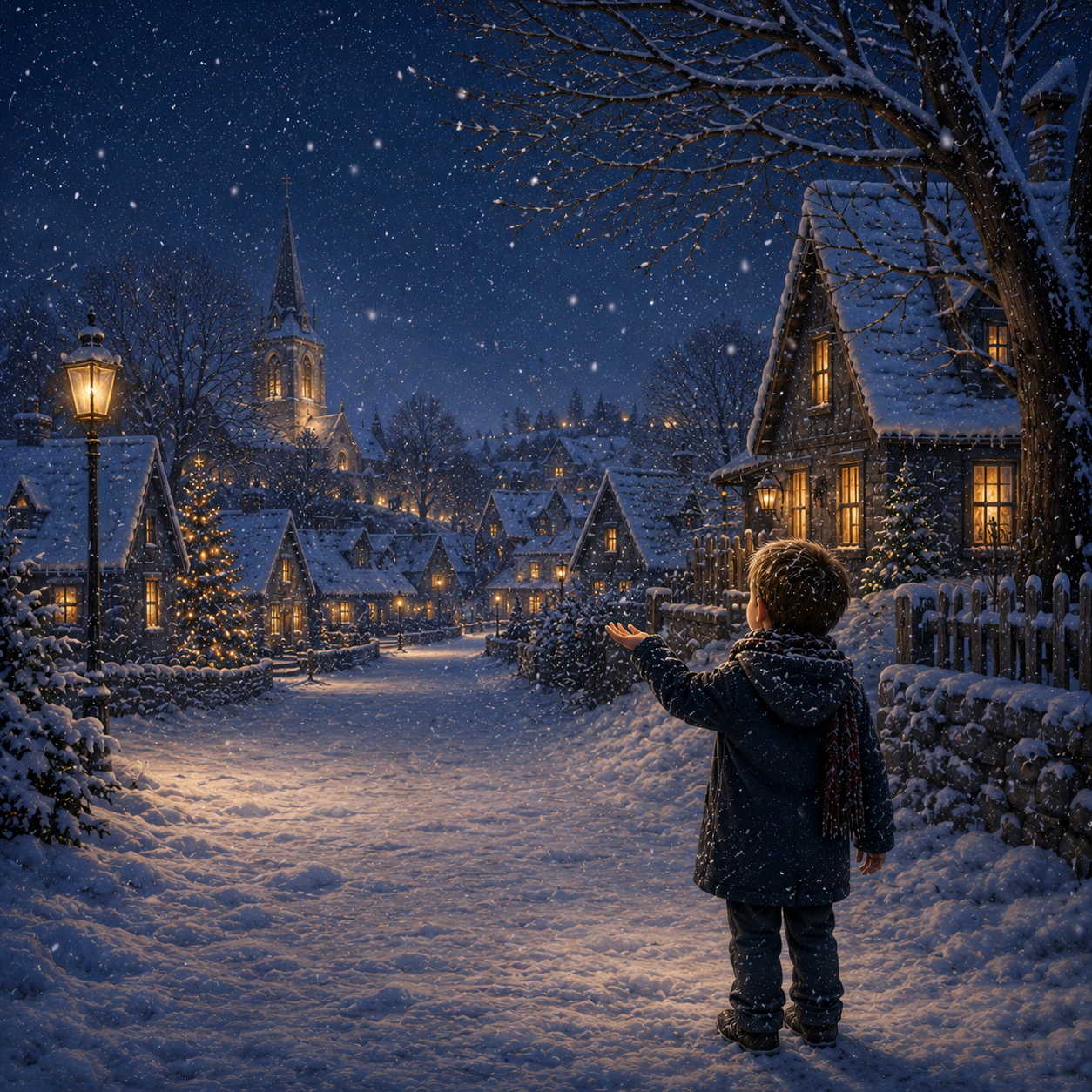 Theo allein auf einem verschneiten Weg - Illustration aus "Der Junge, der Weihnachten mitnahm"